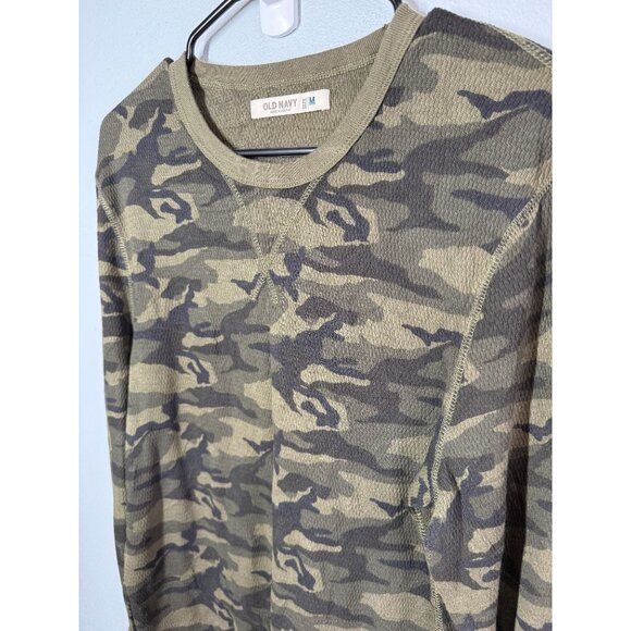 Old Navy Mens Green Camouflage Thermal Top Medium Waffle Knit Crewneck - Picture 3 of 10